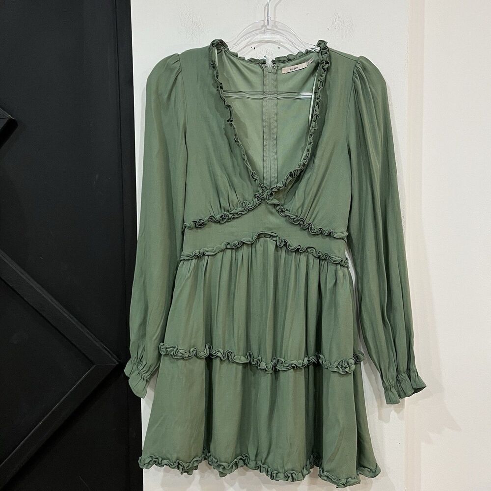Mi Ami Green Longsleeve Ruffle Trim Mini Dress Size Small Boho Cottage Tiered